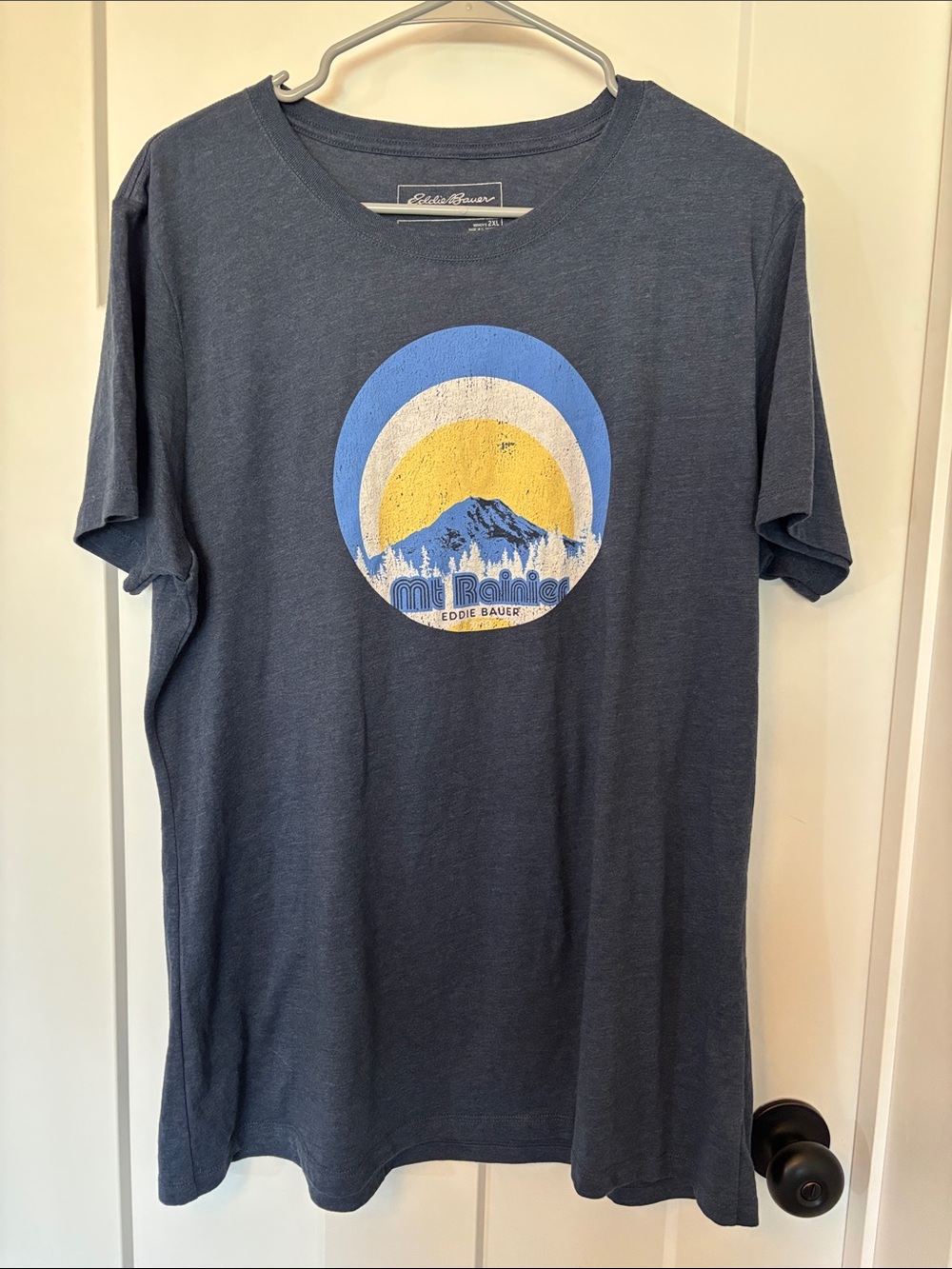 Eddie Bauer Mt Rainier Navy Tee with Blue and Yellow Mountain Graphic